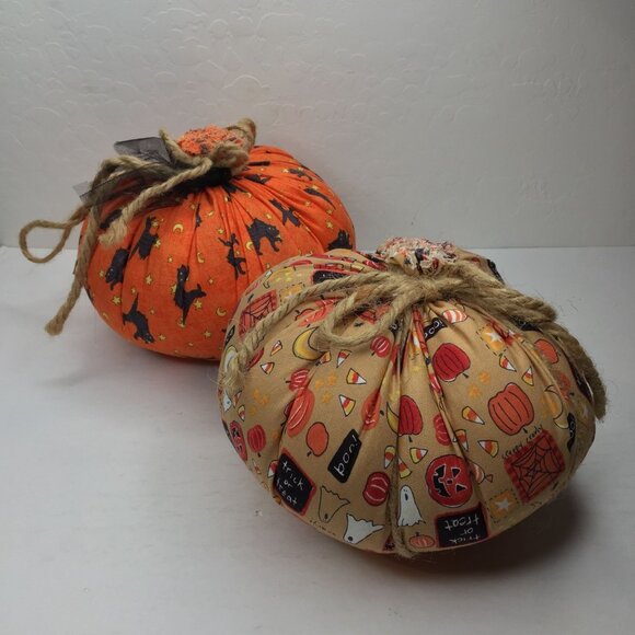 Handmade Halloween Fabric Pumpkins Set 2 Decorative Plush Spooky Twine Accents - Picture 1 of 16